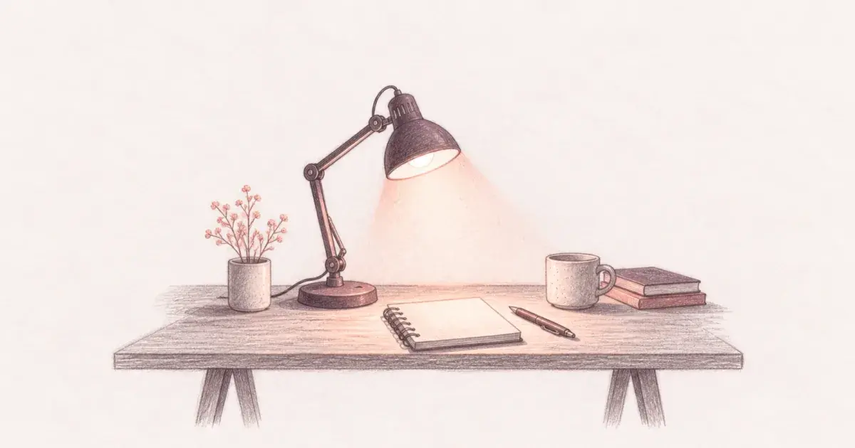 Pencil sketch of a desk lamp lighting a home office workspace