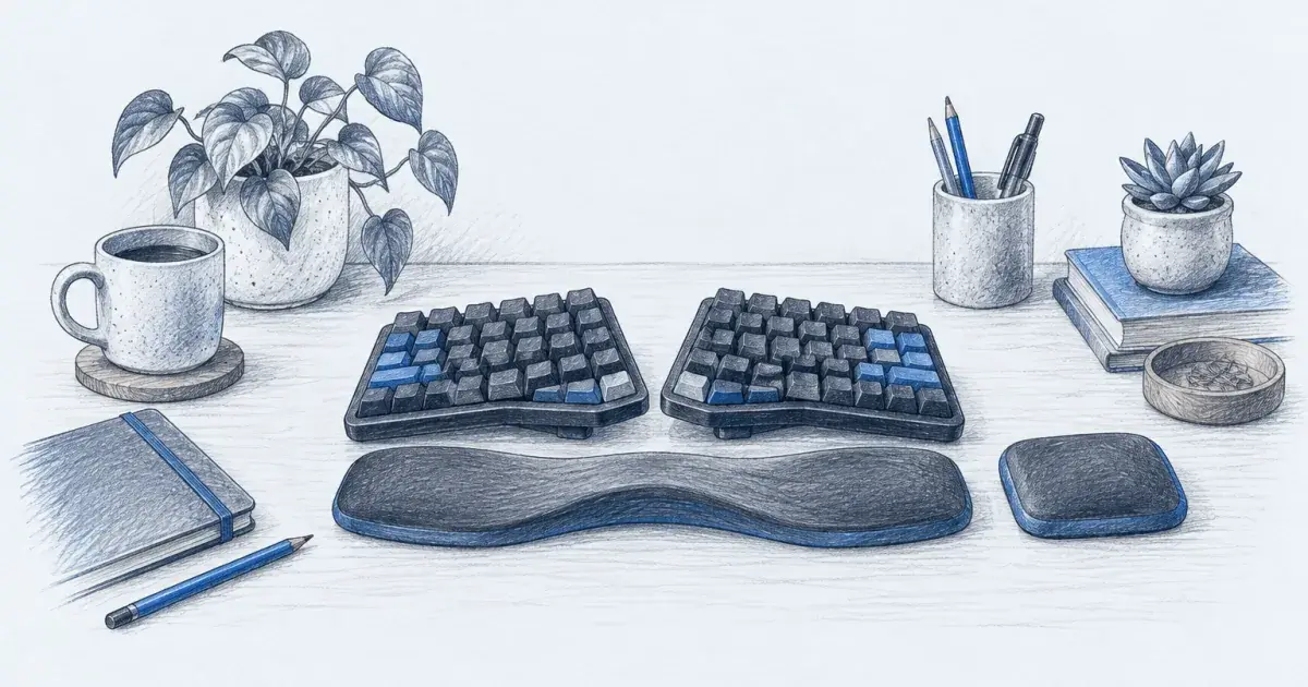 Pencil sketch of a split ergonomic keyboard with wrist rest on a home office desk