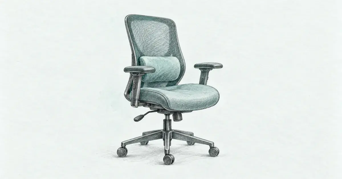 Pencil sketch of an ergonomic office chair with lumbar support at a home desk