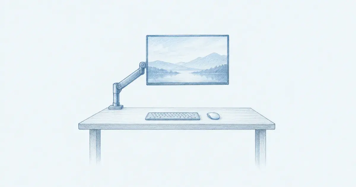 Pencil sketch of a monitor arm holding a screen above a home desk