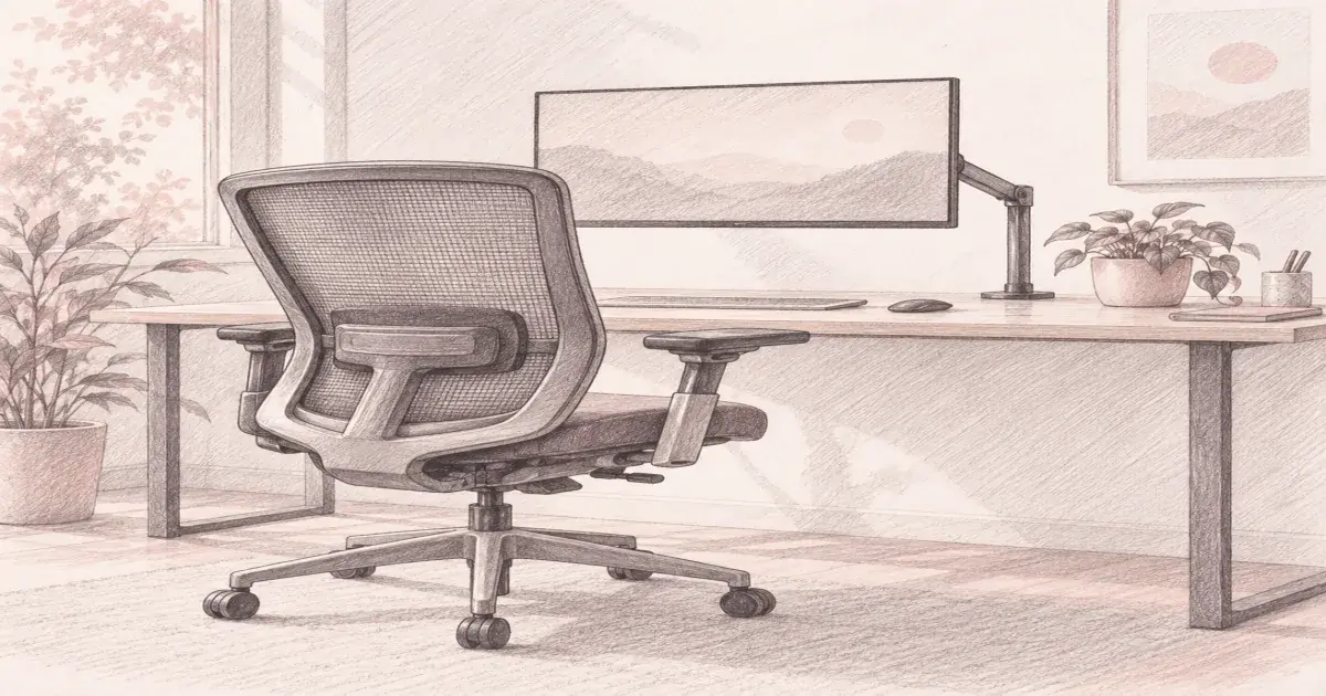 Pencil sketch of a mesh-back ergonomic office chair at a calm home desk with monitor arm