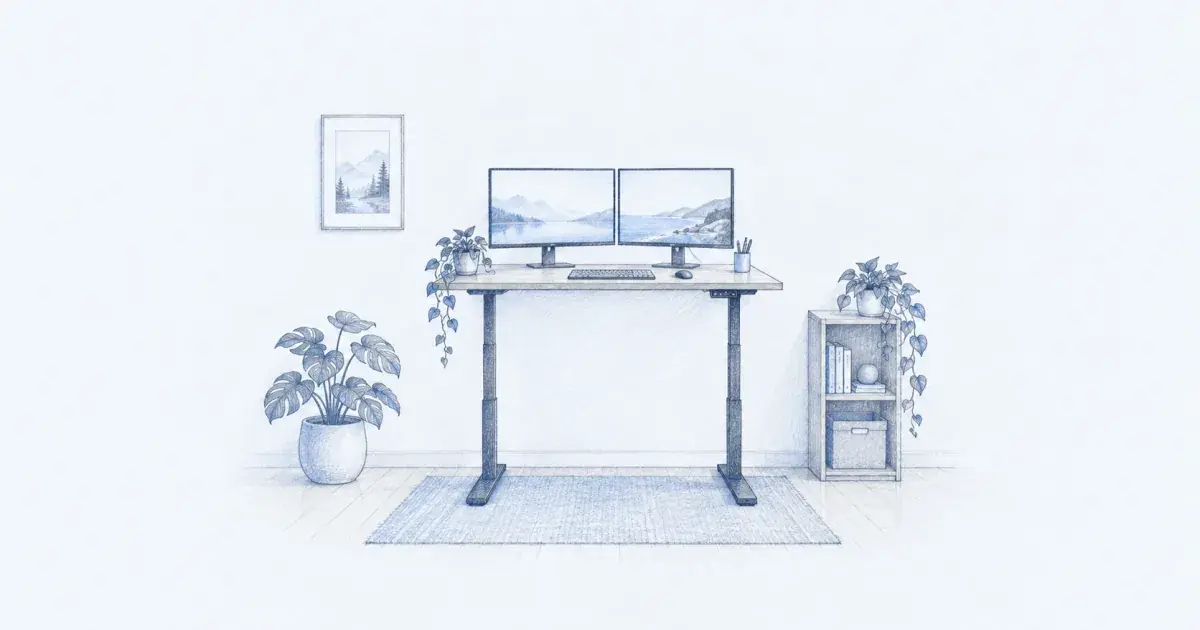 Pencil sketch of a sit-stand desk with dual monitors in a calm home office
