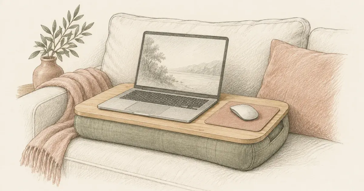 Pencil sketch of a cushioned lap desk with laptop and mouse pad resting on a sofa