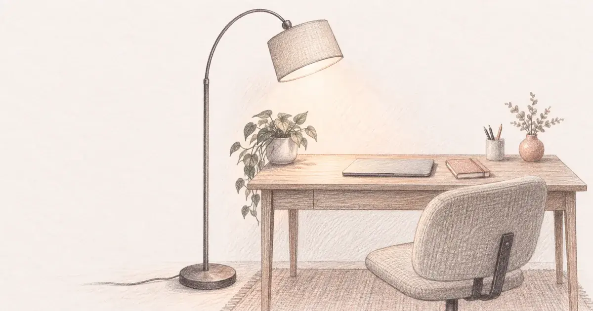 Pencil sketch of an arc floor lamp angled over a home office desk with a laptop and plants