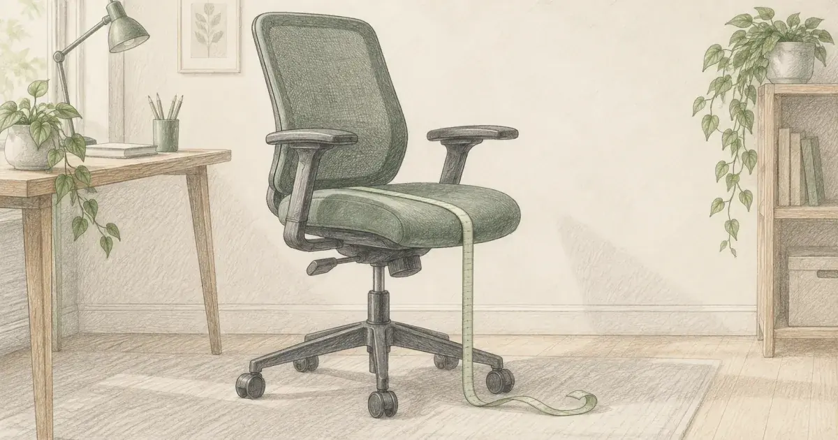 Office chair size calculator next to an ergonomic chair and a tape measure