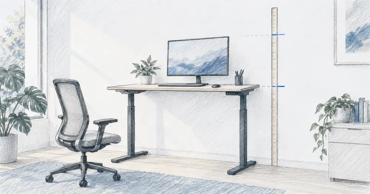 Standing desk height calculator beside a sit-stand desk and a tape measure
