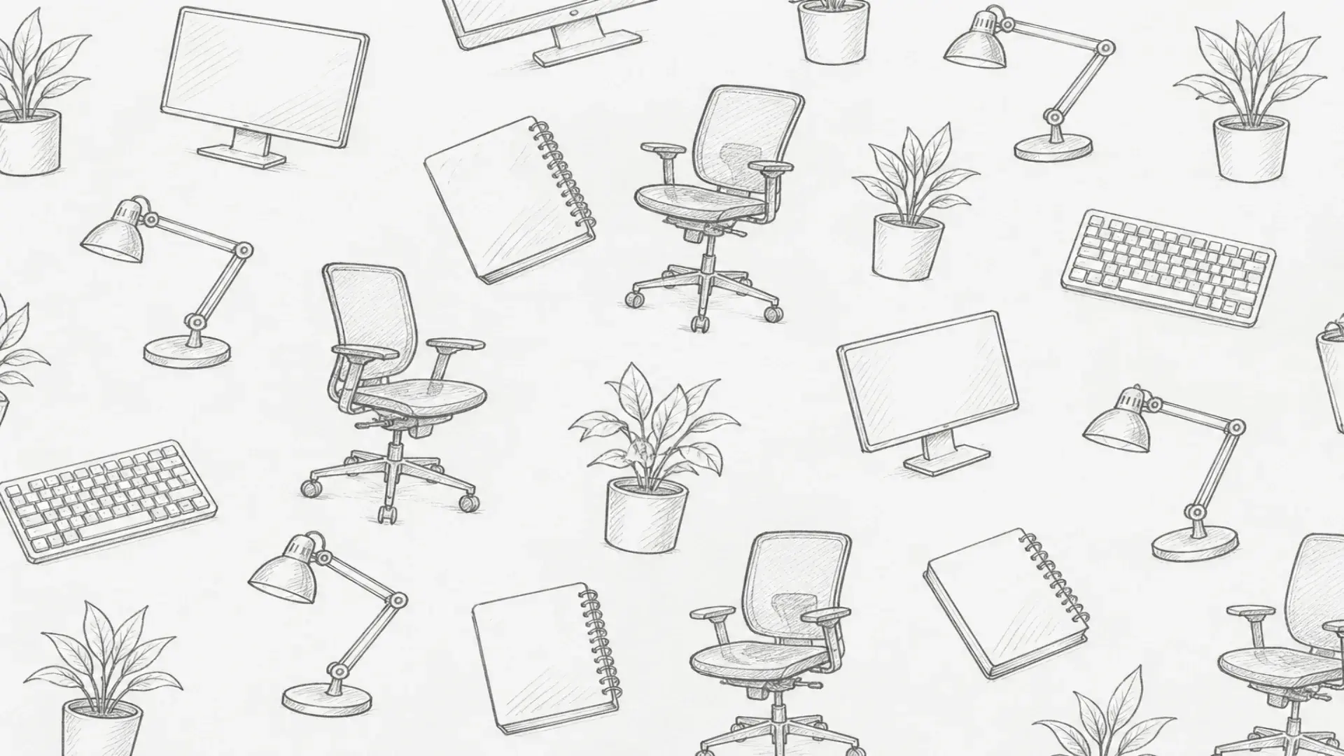 Monochrome pencil sketch pattern of home office gear on cool cream paper