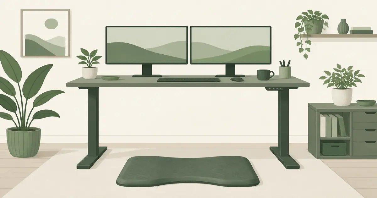 Flat illustration of an anti-fatigue mat under a standing desk