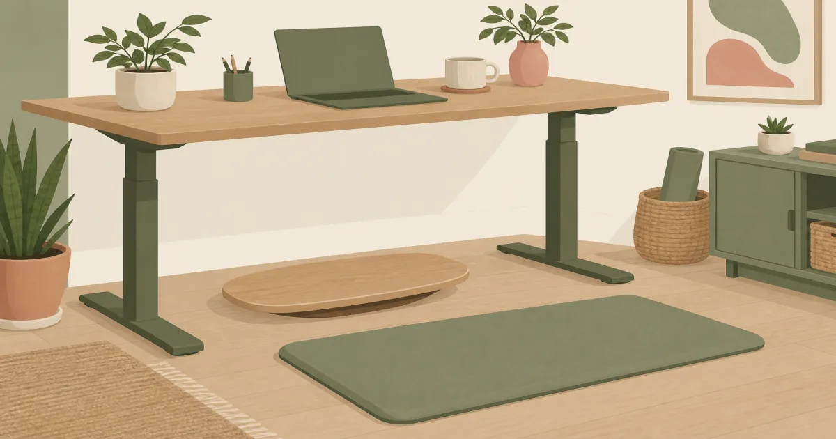 Flat illustration of a wooden balance board under a standing desk next to an anti-fatigue mat