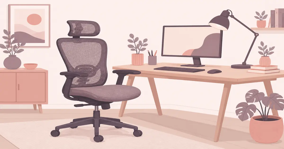 Flat illustration of a budget mesh office chair at a home desk