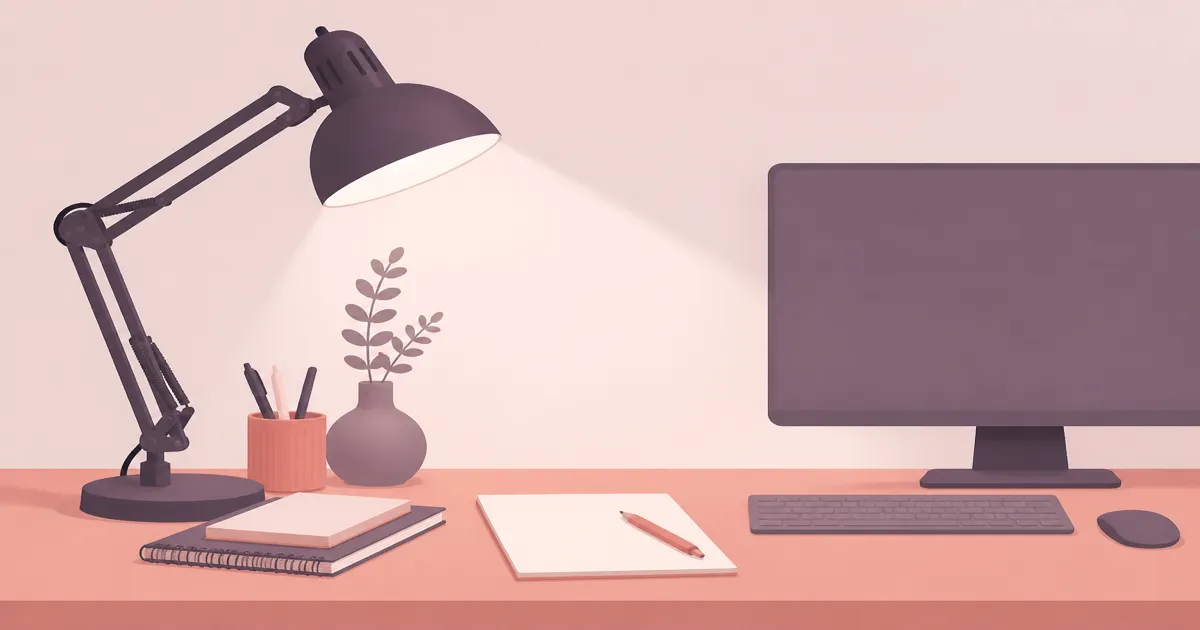 Flat illustration of a desk lamp lighting a home office workspace