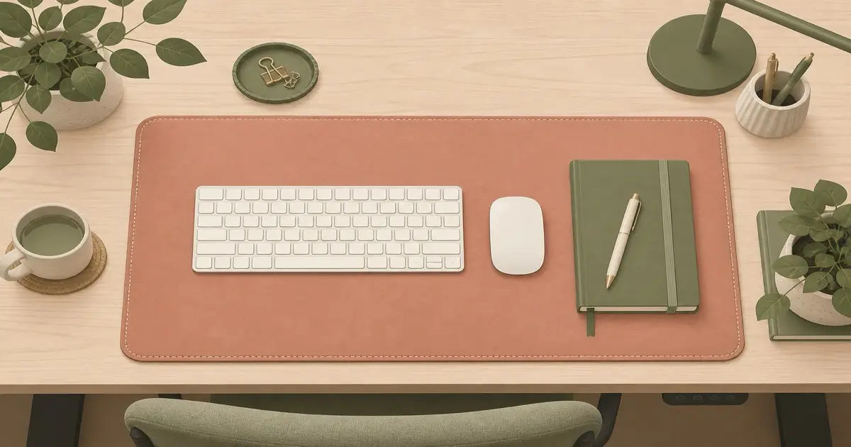 Flat illustration of a leather desk pad with keyboard and mouse on a home office desk