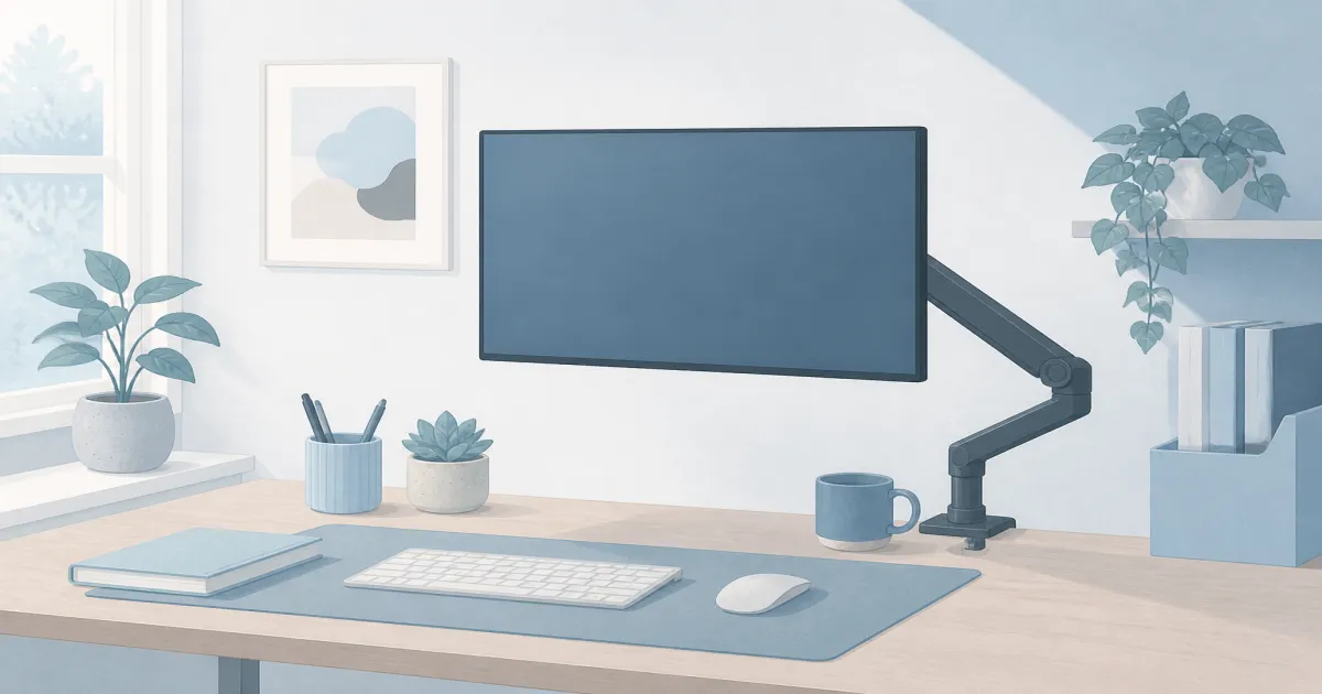 Flat illustration of a monitor arm holding a screen above a home desk