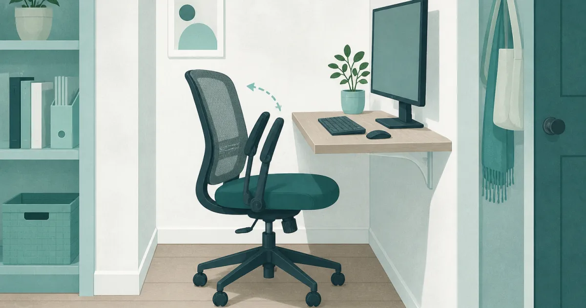 Compact mesh office chair with raised arms beside a narrow wall desk