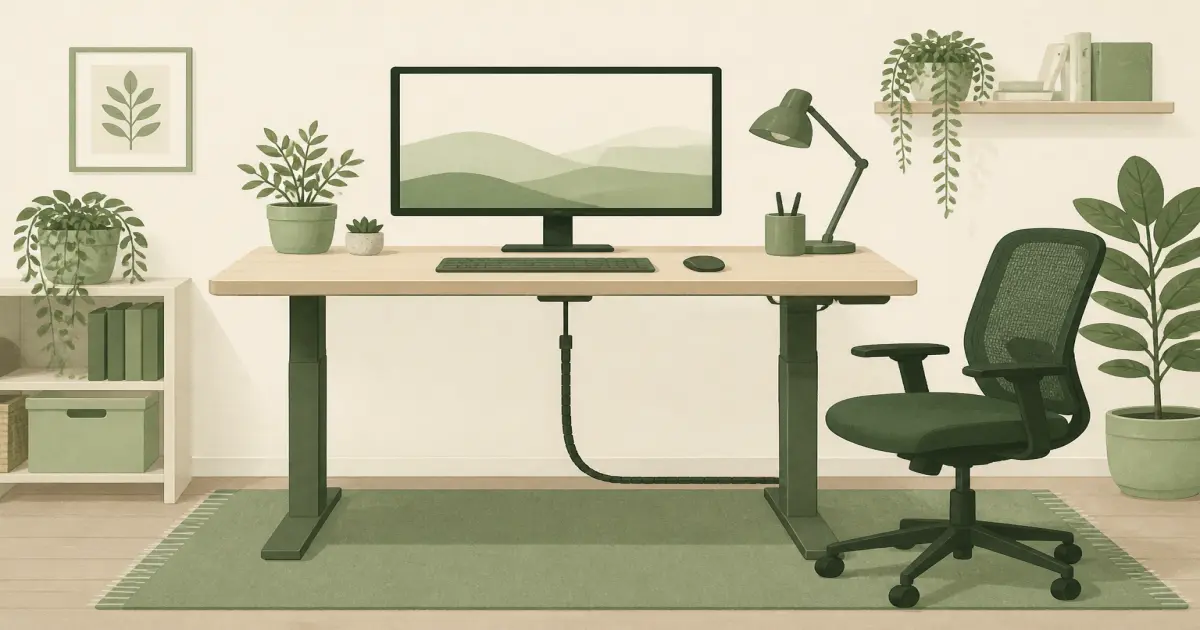 Flat illustration of an affordable sit-stand desk frame with a simple monitor setup