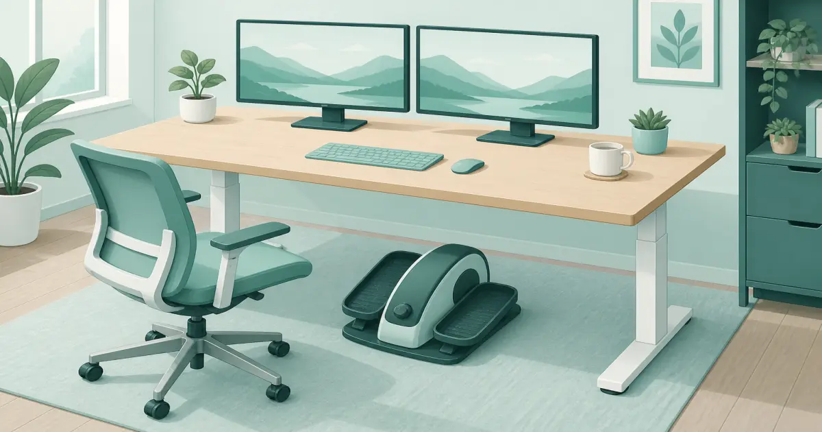 Flat illustration of a compact under desk elliptical under a home office desk