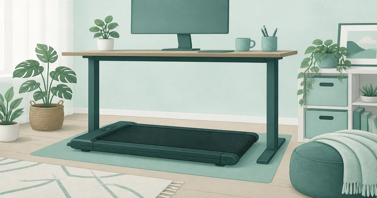 Flat illustration of a slim under desk treadmill under a standing desk