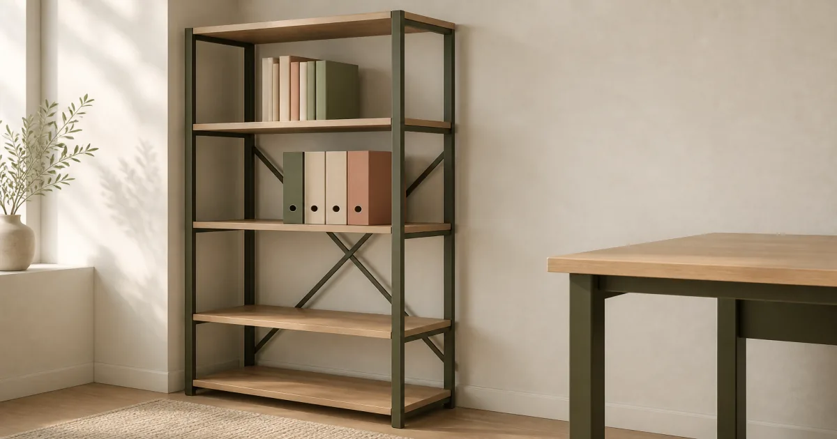 Tall open industrial bookcase beside a home office desk with binders and books on shelves