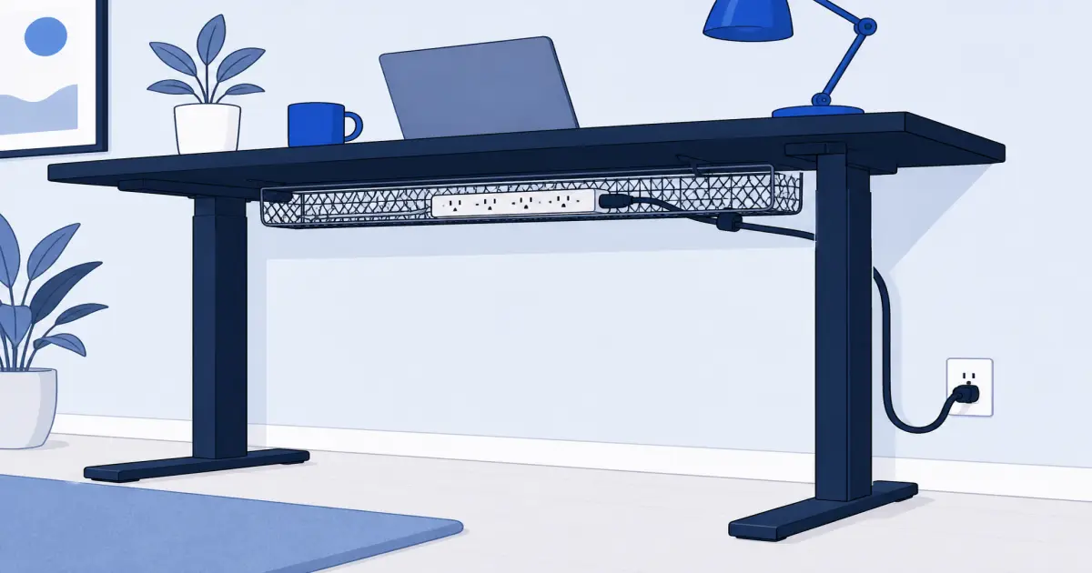 Flat illustration of under-desk cable tray and cable sleeve on a home office desk