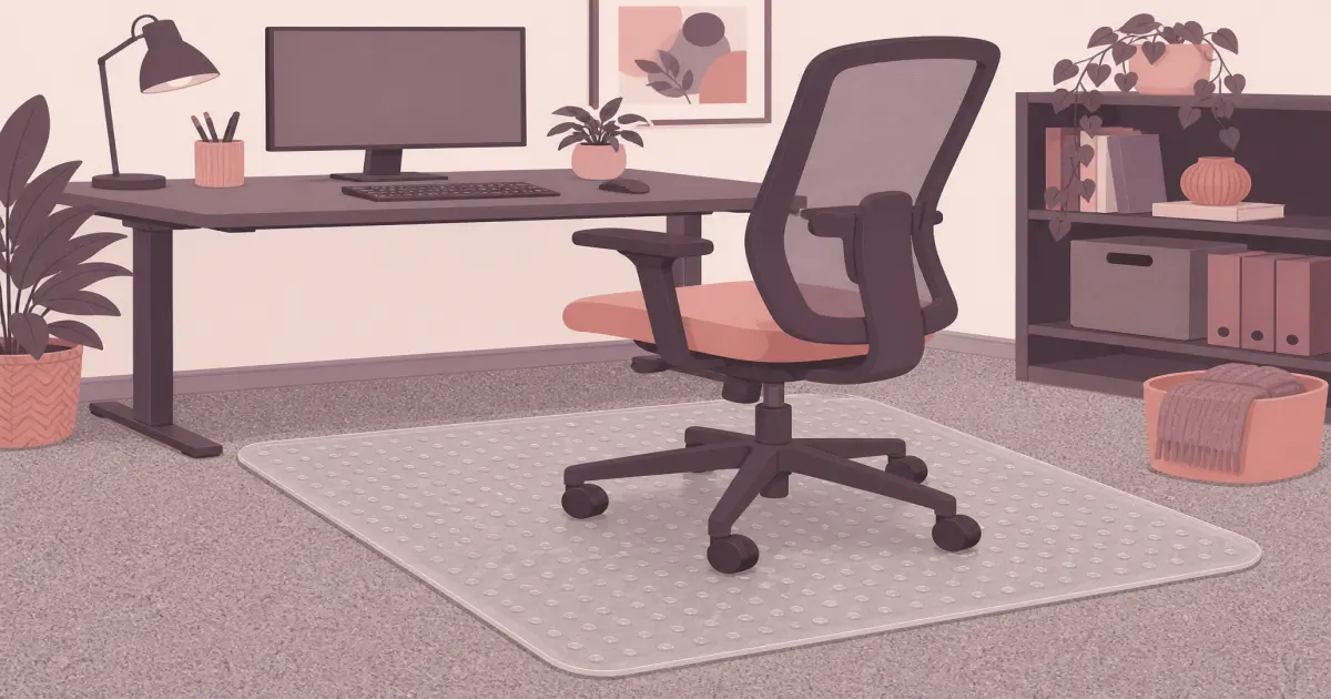 Rolling office chair on a clear protective mat over low-pile carpet