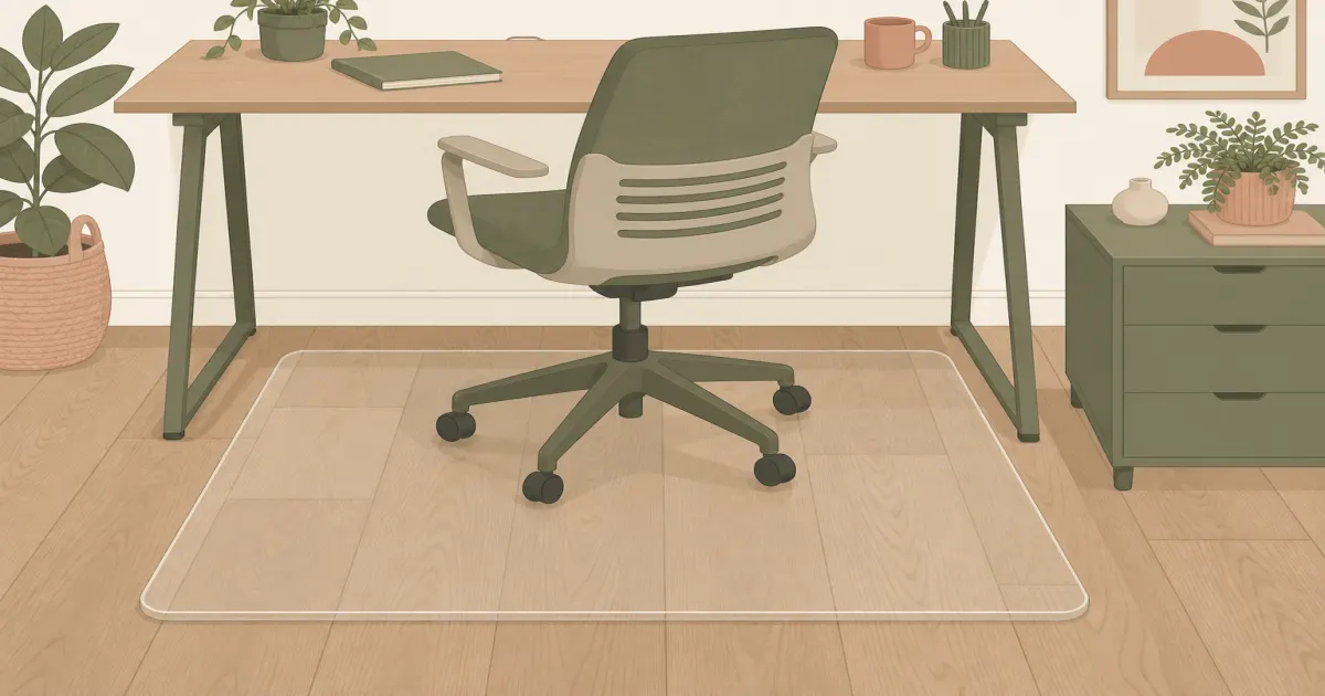 Flat illustration of a clear chair mat protecting hardwood under an office chair