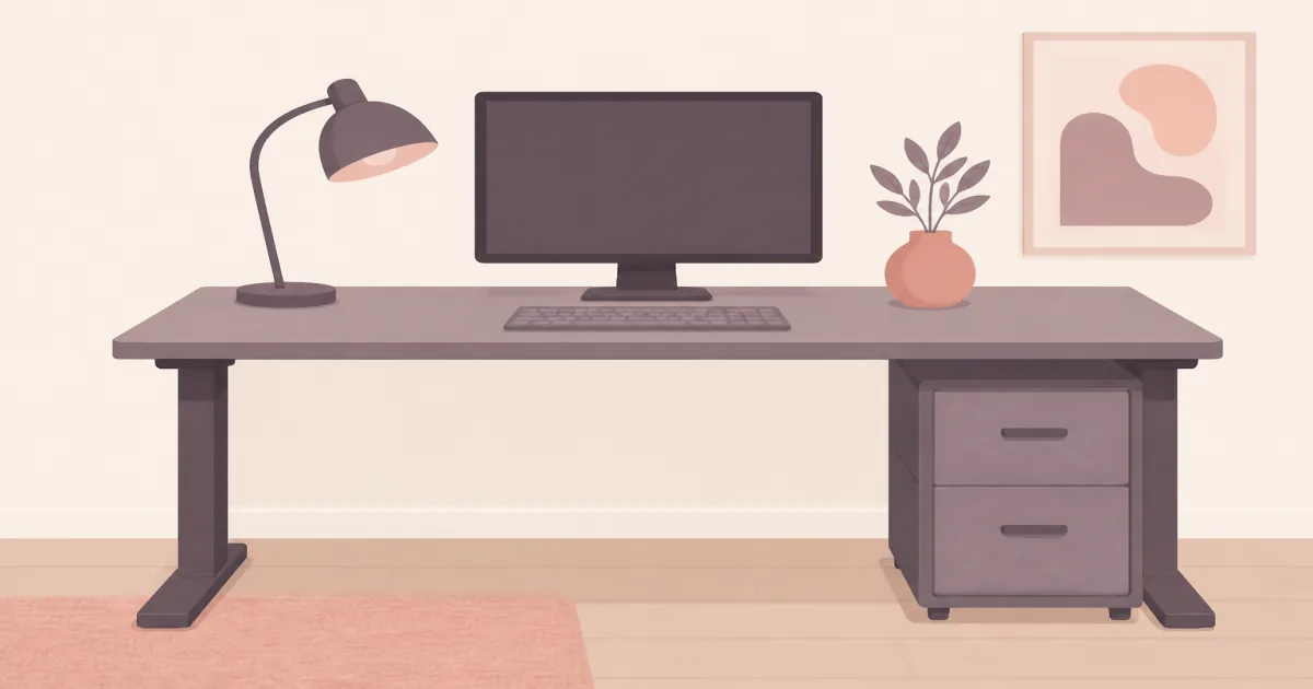 Fixed-height computer desk with side fabric drawers under a monitor and keyboard