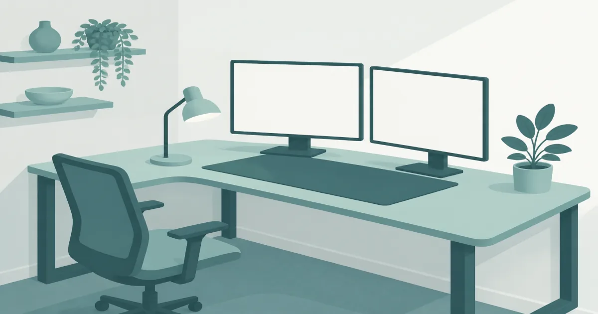 L-shaped corner desk with dual monitors and shelves in a calm home office