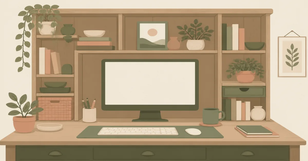 Flat illustration of a rustic desk hutch with open shelves behind a home office monitor