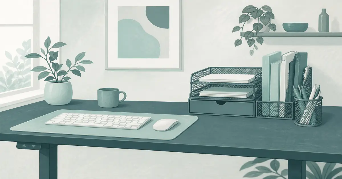 Flat illustration of a mesh desk organizer with trays and a drawer on a home office desk