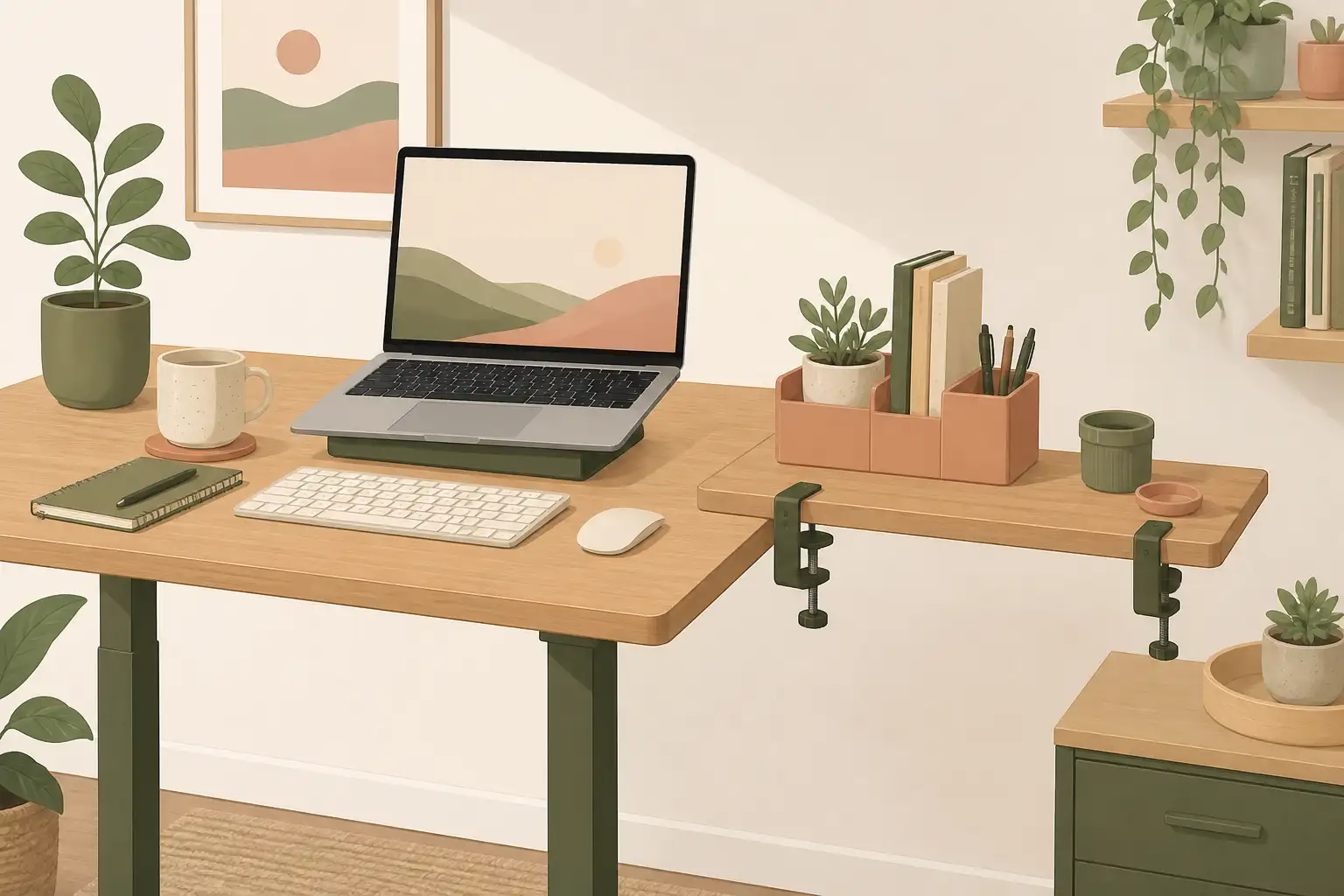 Flat illustration of a clamp-on shelf extending a home office desk