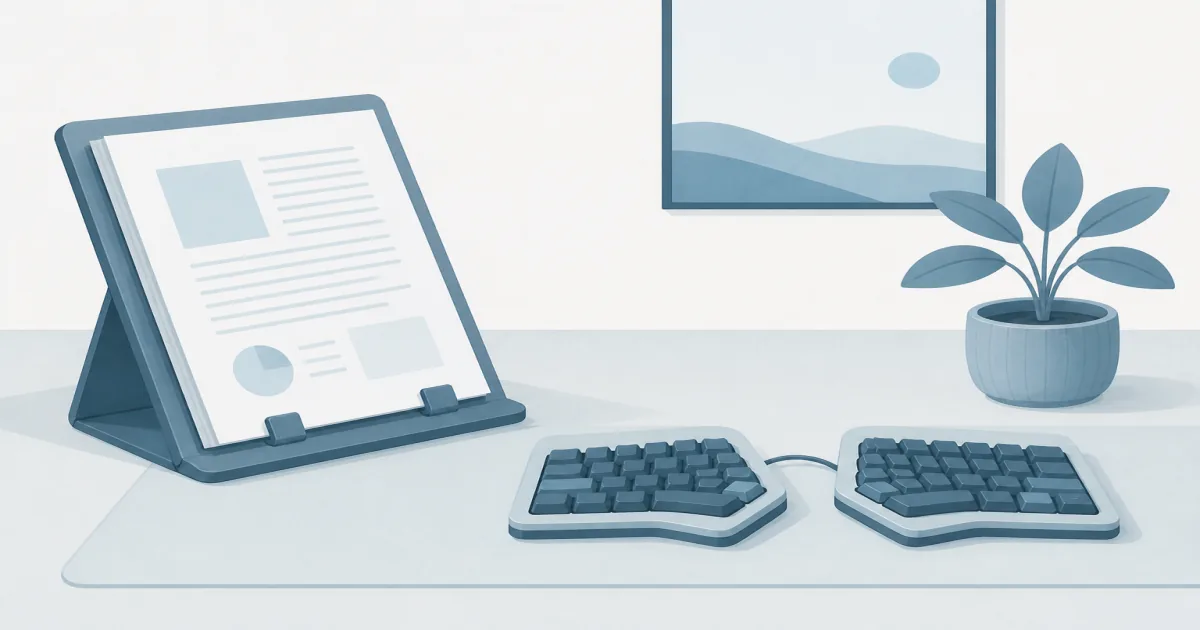 Flat illustration of a freestanding document holder with papers beside a home office keyboard