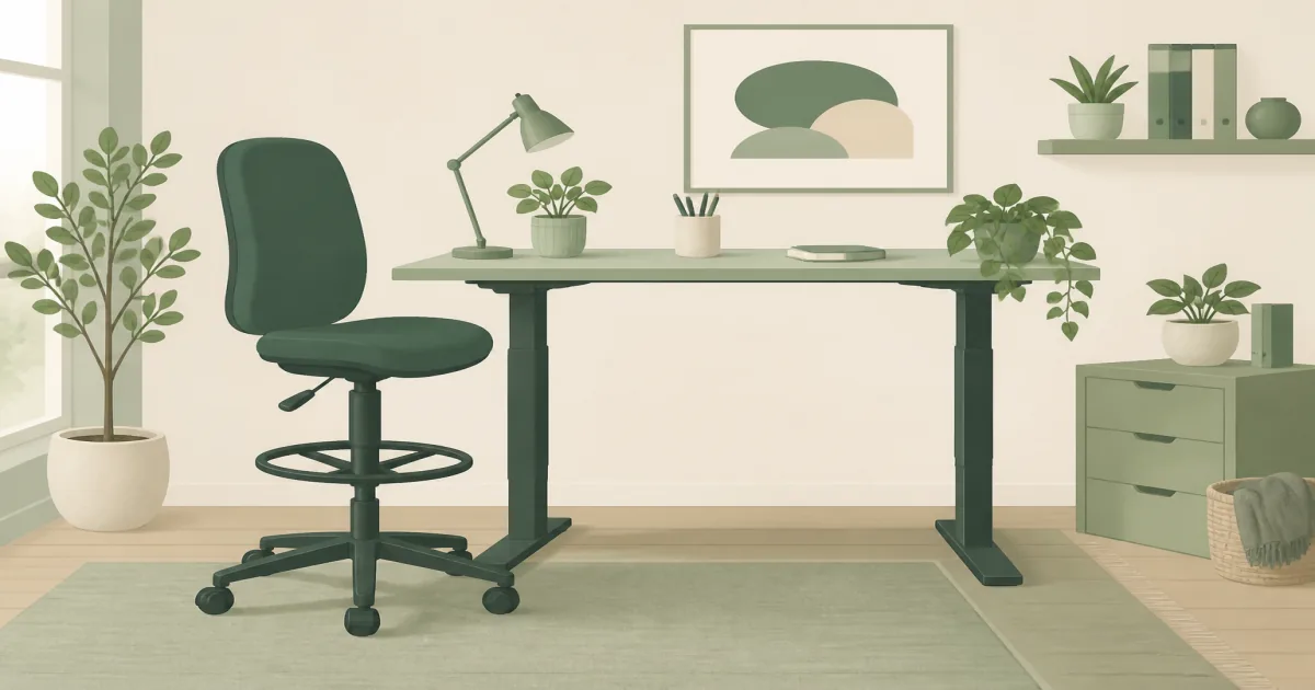 Flat illustration of a tall drafting chair with foot ring beside a standing desk