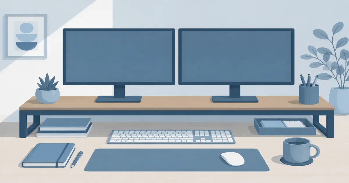 Flat illustration of a dual monitor stand holding two screens above a home desk