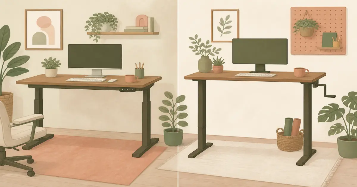 Flat illustration comparing an electric sit-stand desk and a manual crank standing desk