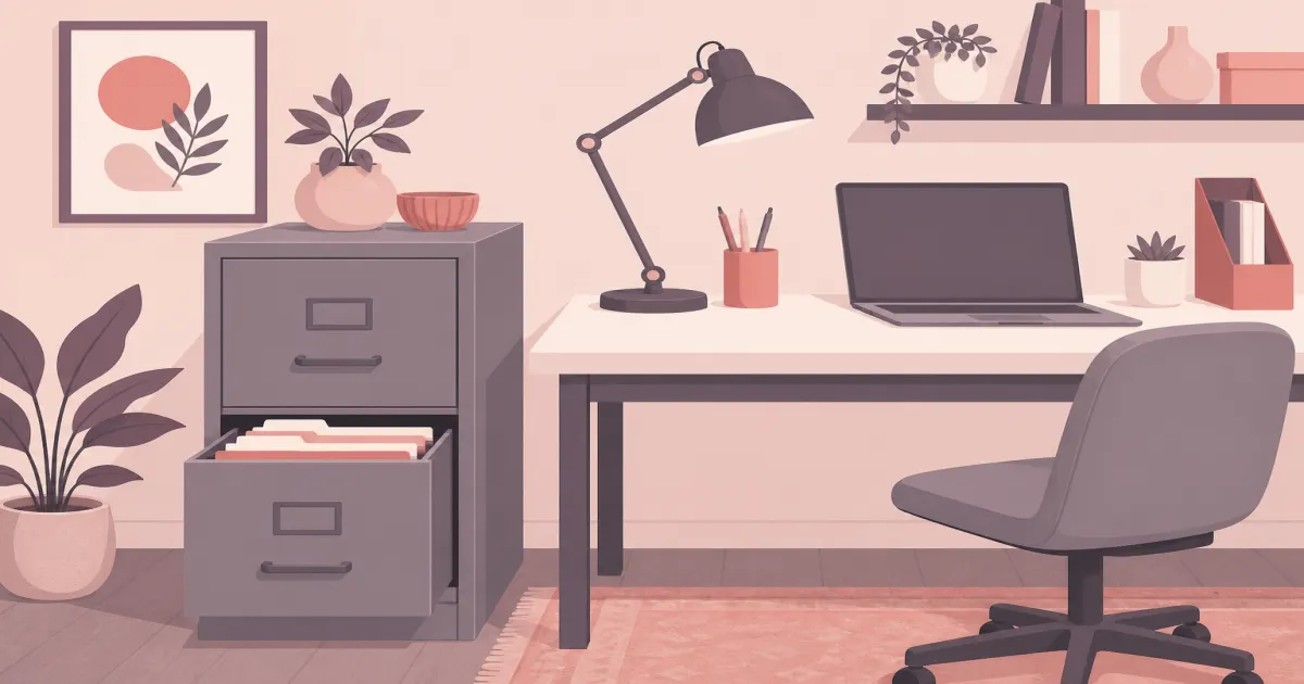 Flat illustration of a two-drawer metal filing cabinet beside a home office desk