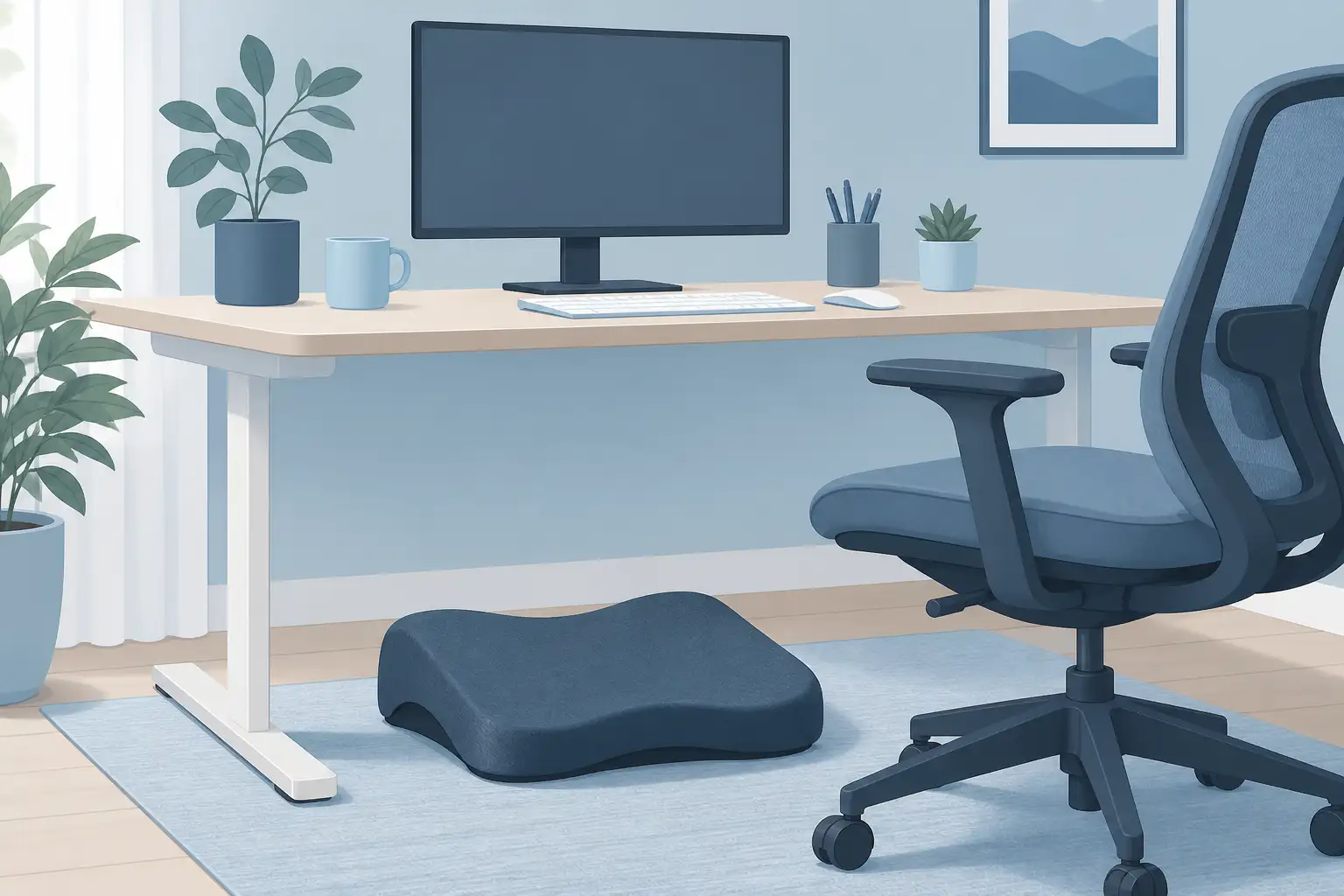 Flat illustration of an ergonomic footrest beneath a home office desk