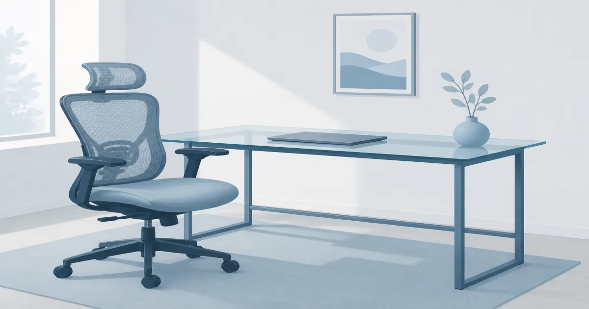 Tempered glass home office desk with a laptop and soft daylight on a steel frame