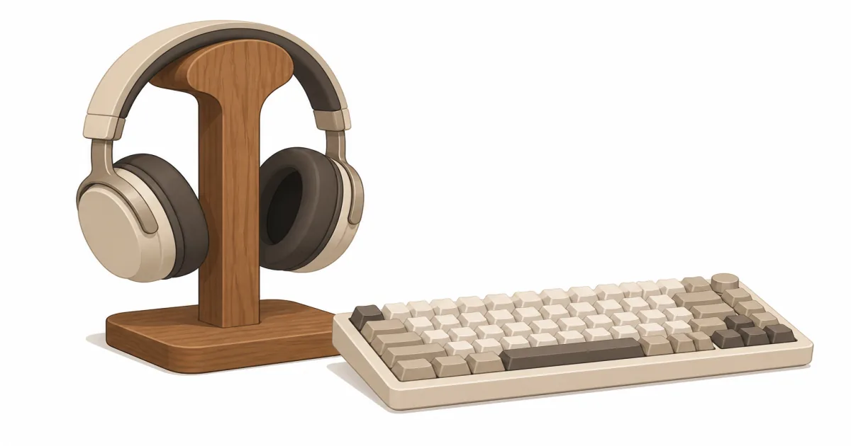 Flat illustration of a headphone stand holding over-ear headphones beside a keyboard