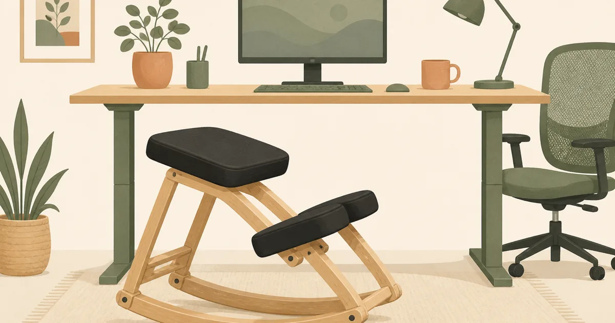 Flat illustration of a wooden kneeling chair at a home office desk