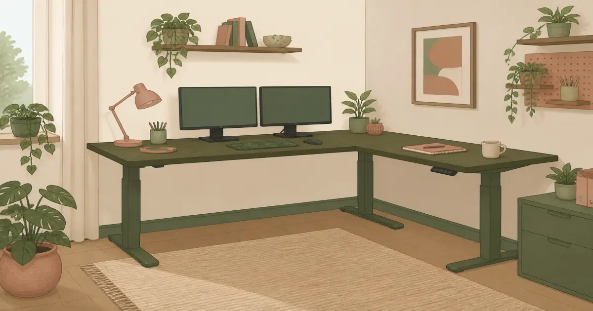Flat illustration of an L shaped standing desk in a home office corner