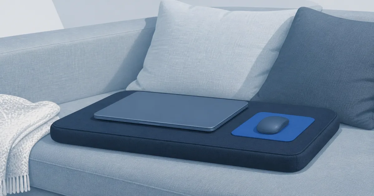 Cushioned lap desk with laptop and mouse pad resting on a sofa