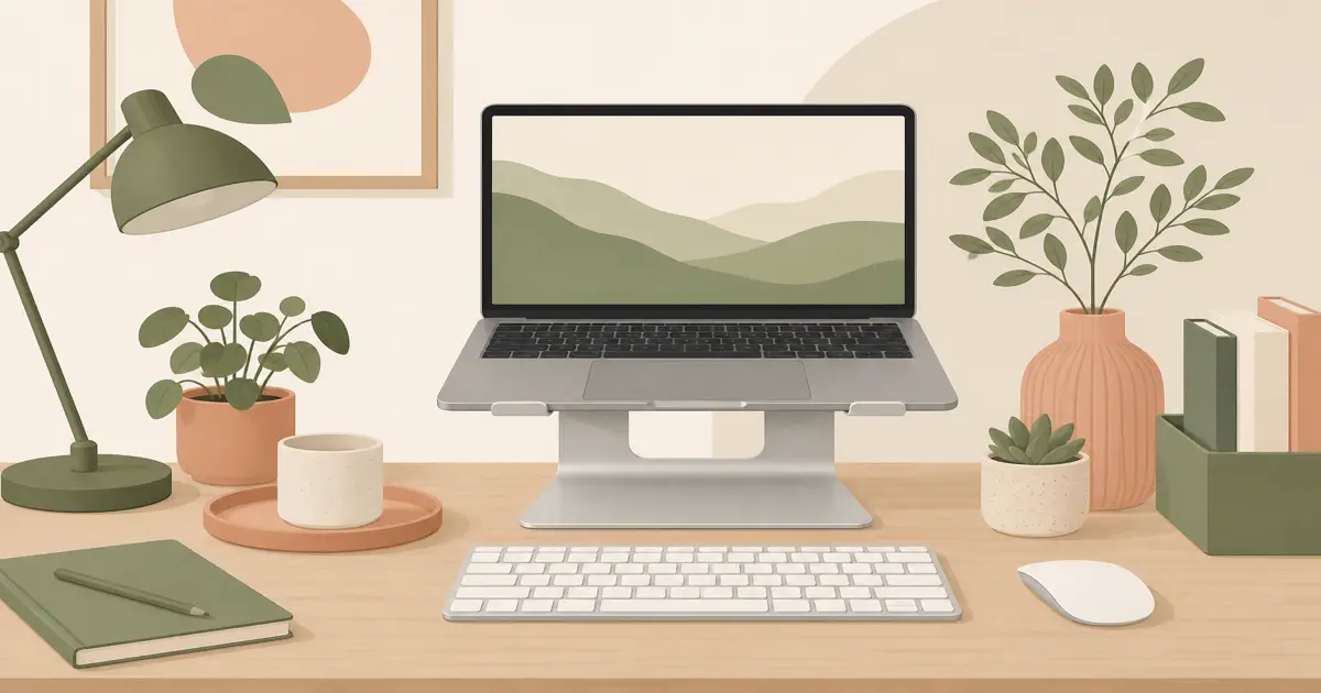 Flat illustration of a laptop on a desk stand with external keyboard
