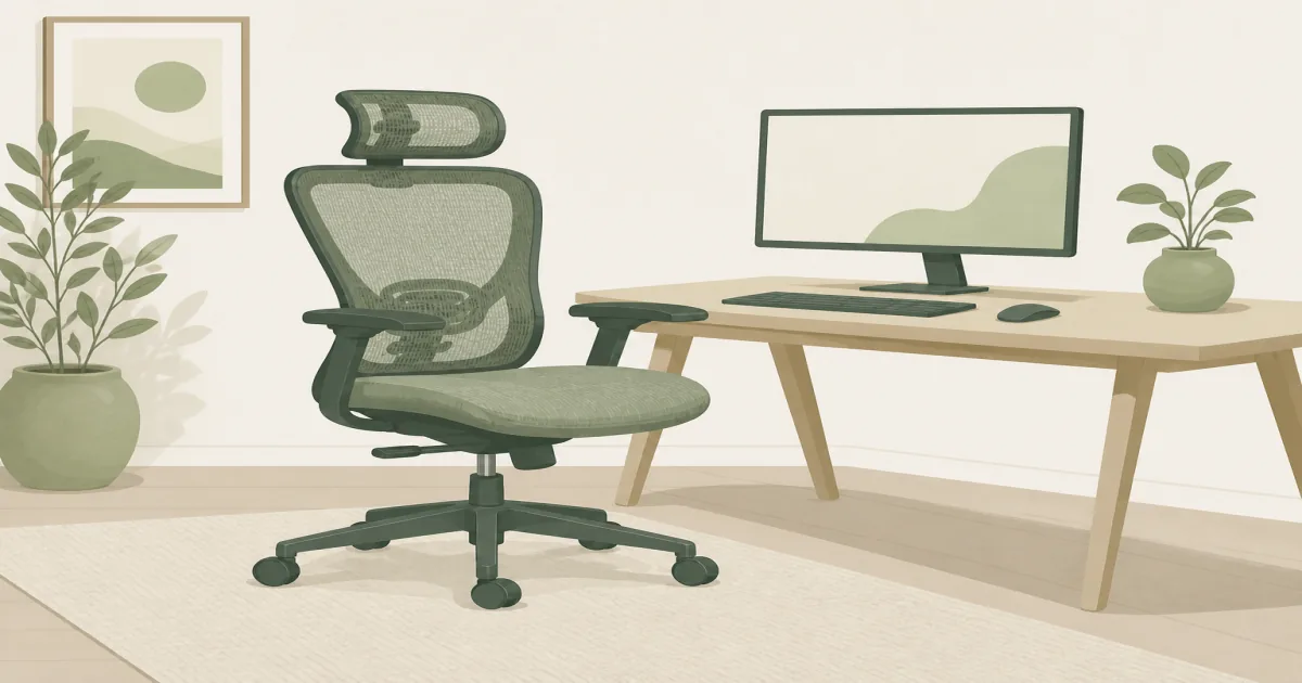 Mesh office chair with breathable backrest at a home desk beside a monitor
