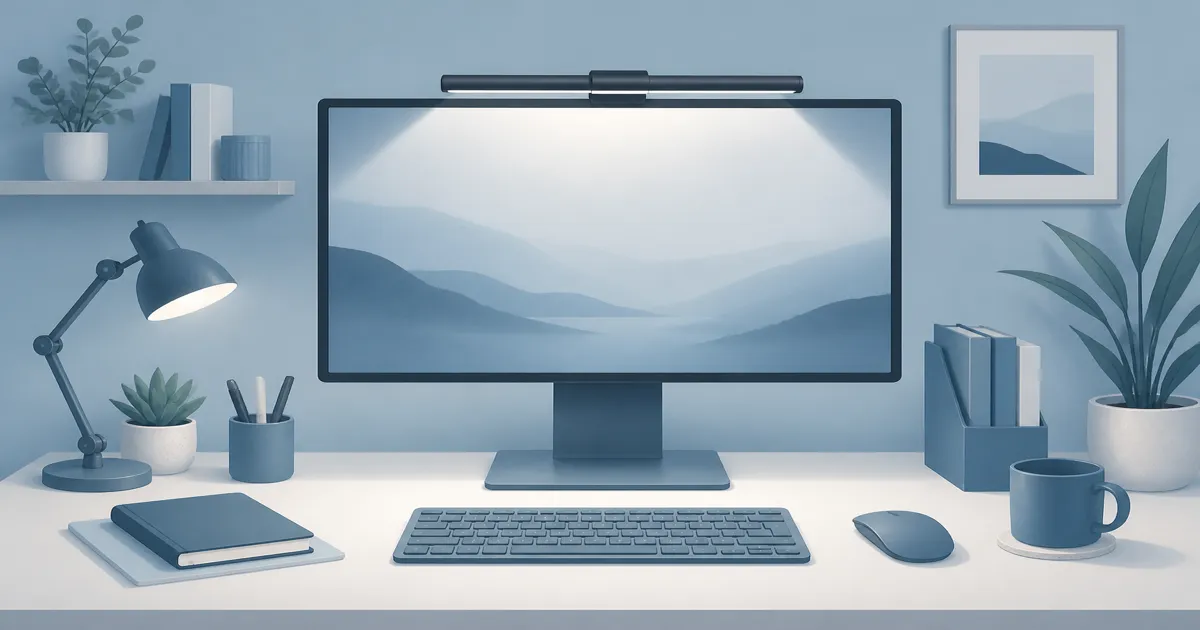 Flat illustration of a monitor light bar mounted on a home office screen