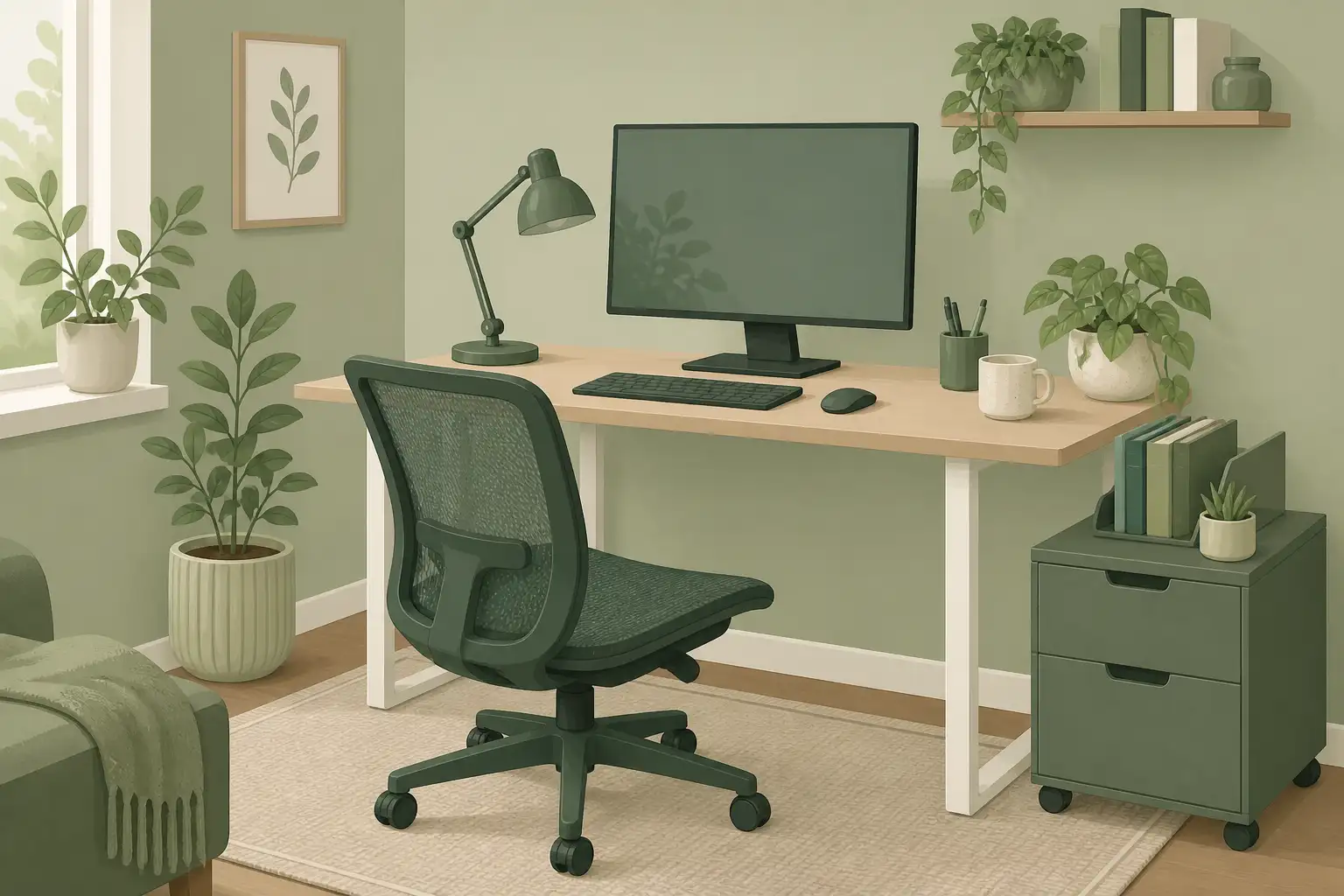 Flat illustration of a compact ergonomic chair at a home office desk