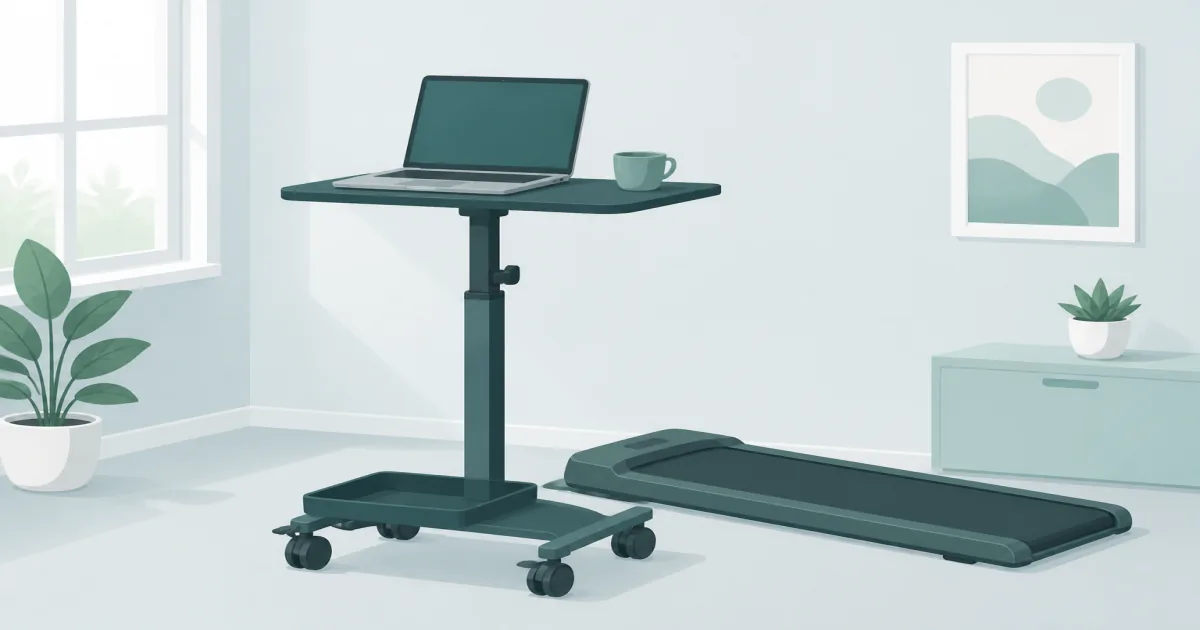 Rolling portable standing desk with laptop beside a walking pad in a home office