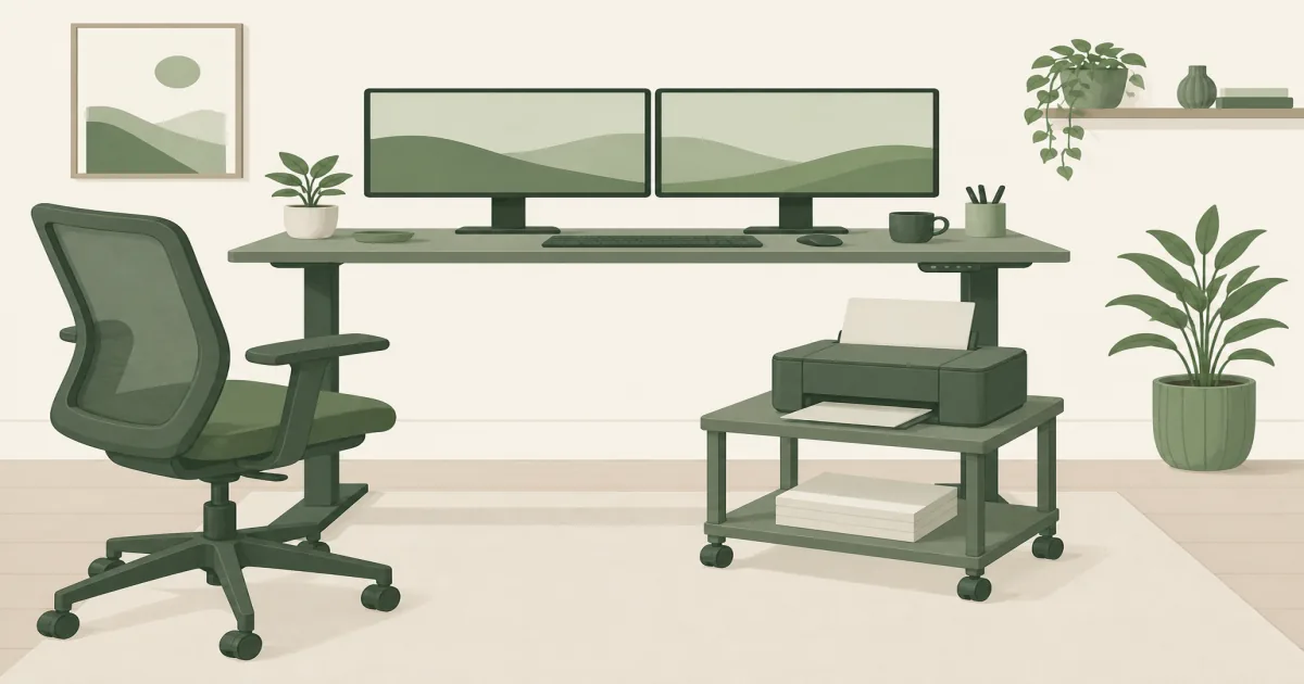 Two-tier rolling printer stand under a home office desk with paper stacked on the lower shelf
