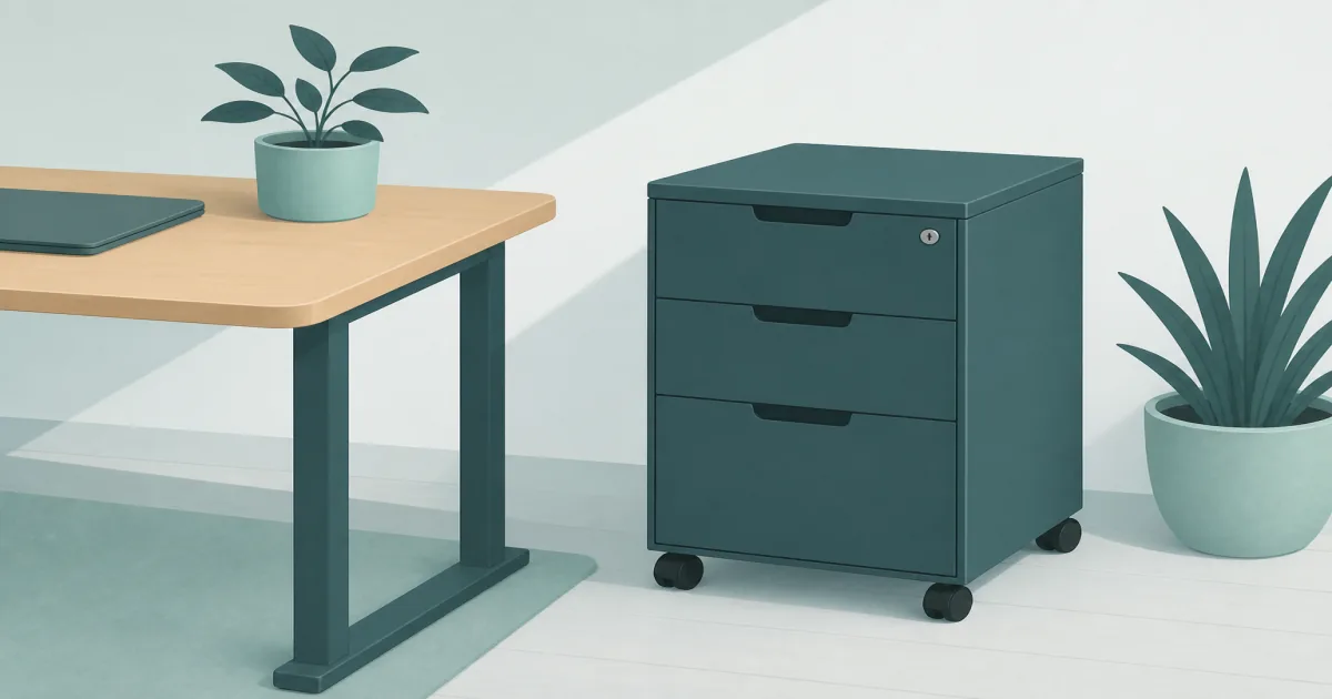 Flat illustration of a three-drawer rolling file cabinet on lockable casters beside a home office desk