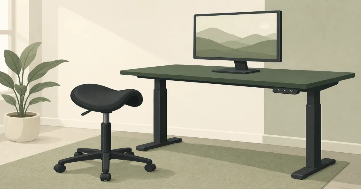 Sage-toned flat illustration of a black saddle stool on casters beside a sit-stand desk and monitor