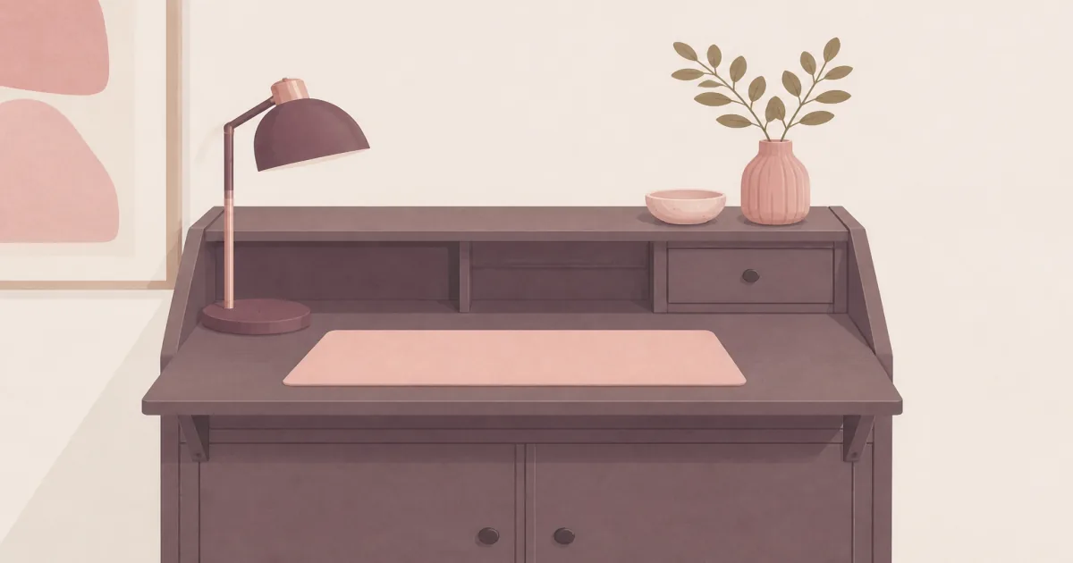 Compact secretary desk with fold-away writing surface and cabinet storage in a calm home office